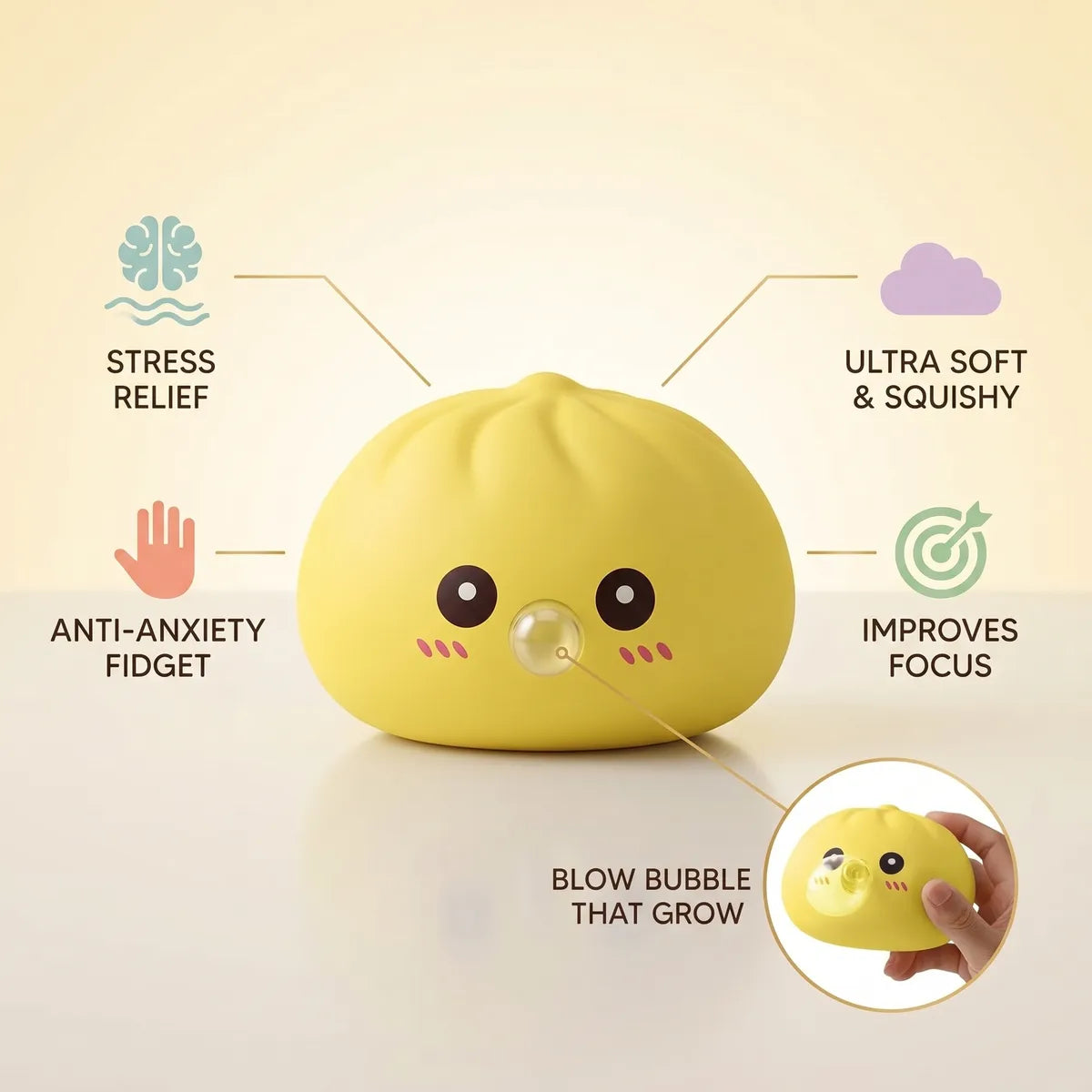 Jumbo Yellow Bubble-Blowing Dumpling Squishy – view 6